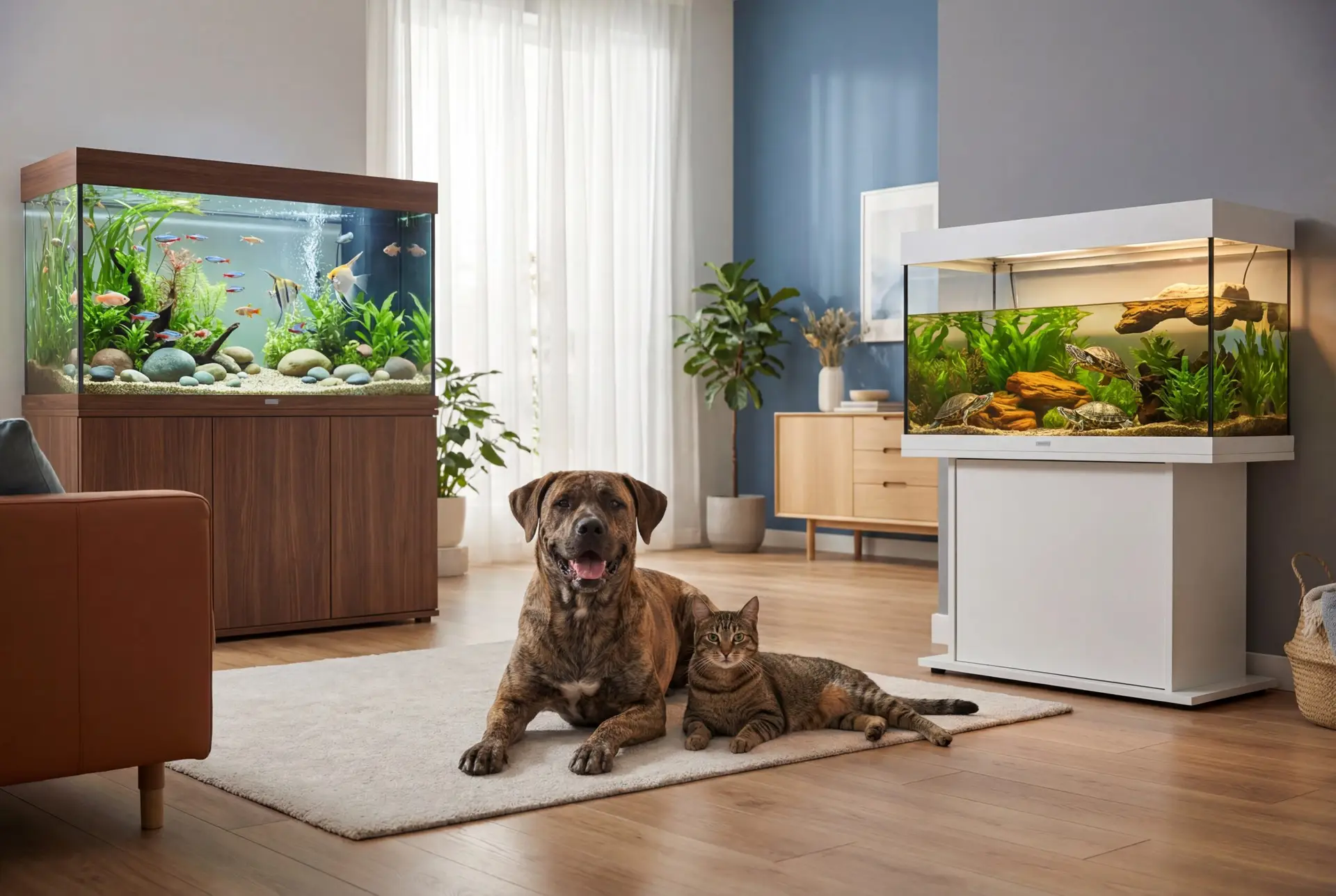 Pets including dog, cat, fish tank, and turtle habitat