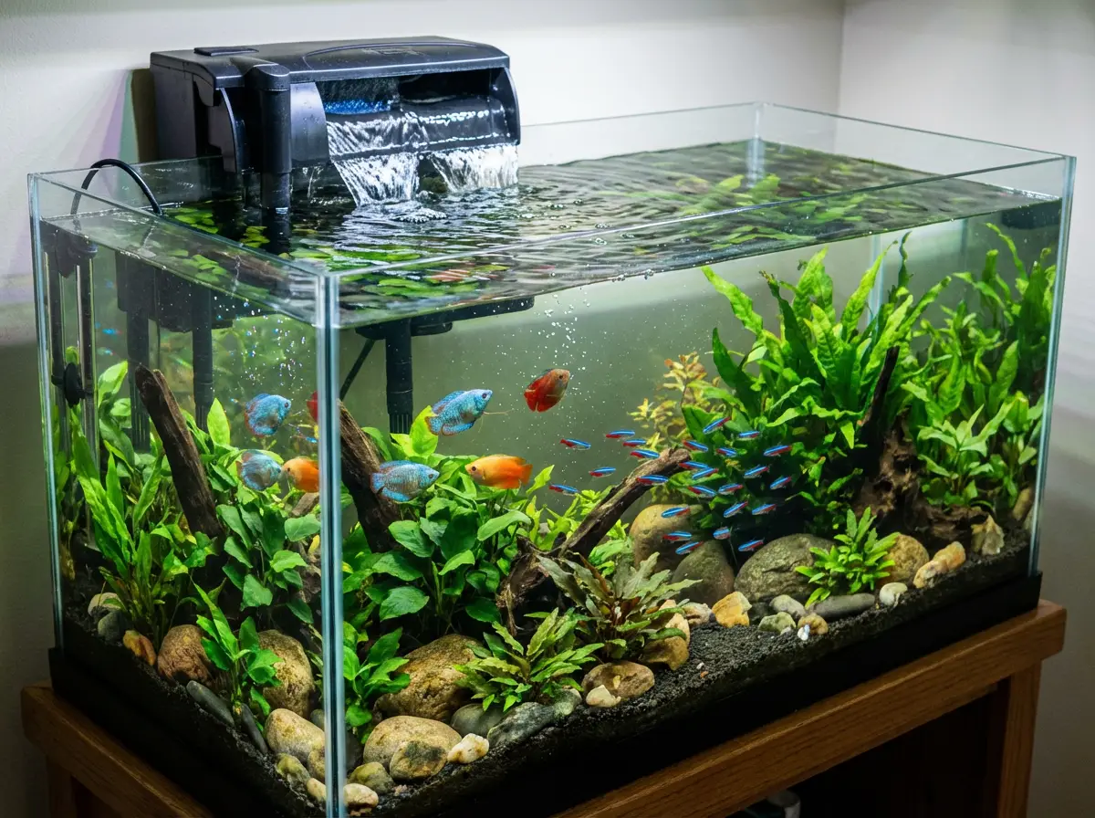 Quiet hang on back aquarium filter beside a freshwater tank