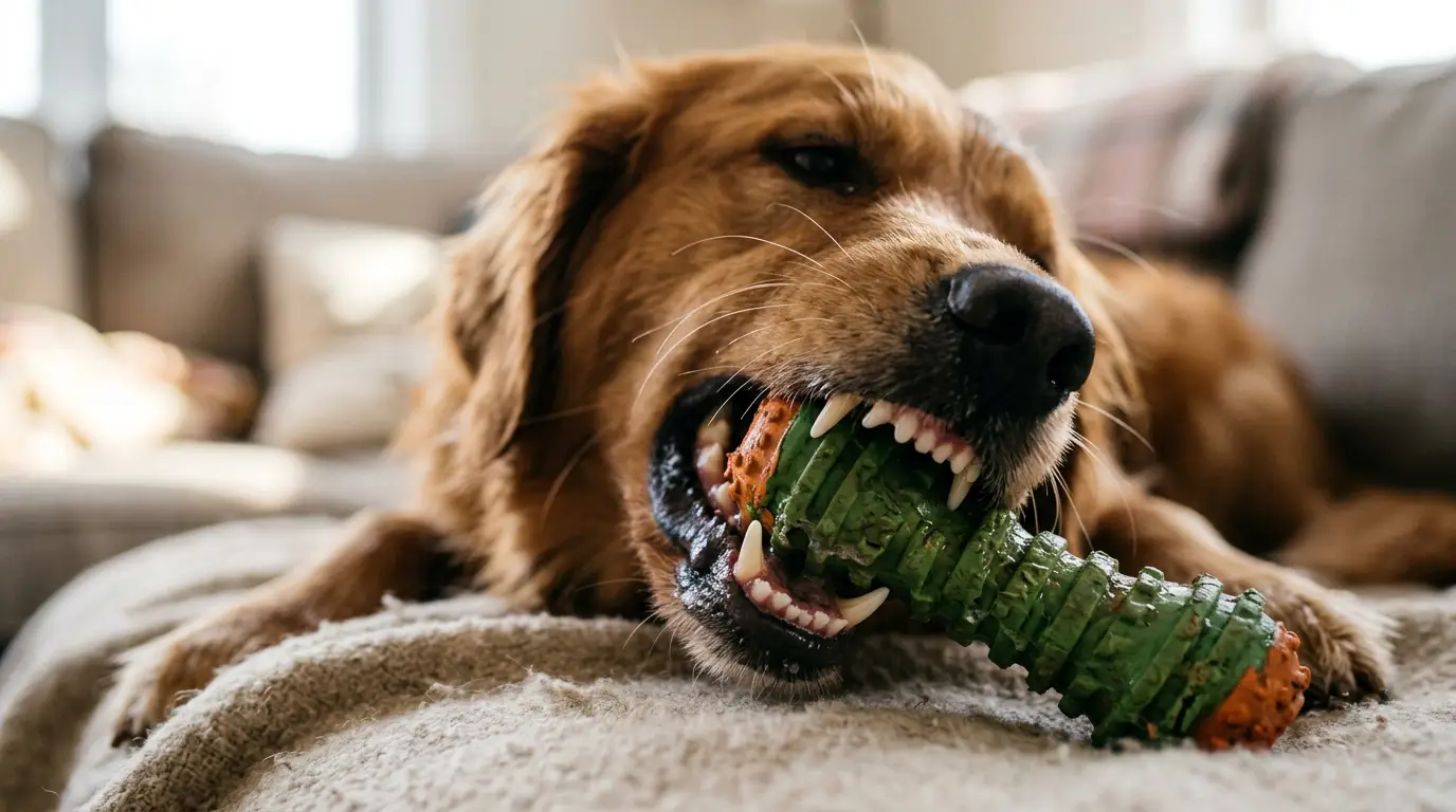 Dog chewing a toy while relaxing at home