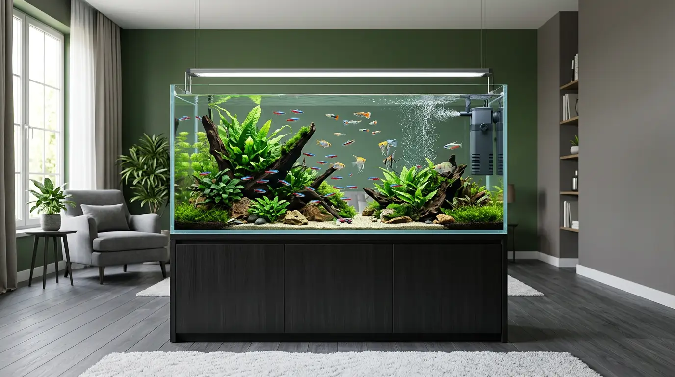 Illustration of a planted aquarium on a cabinet in a furnished room