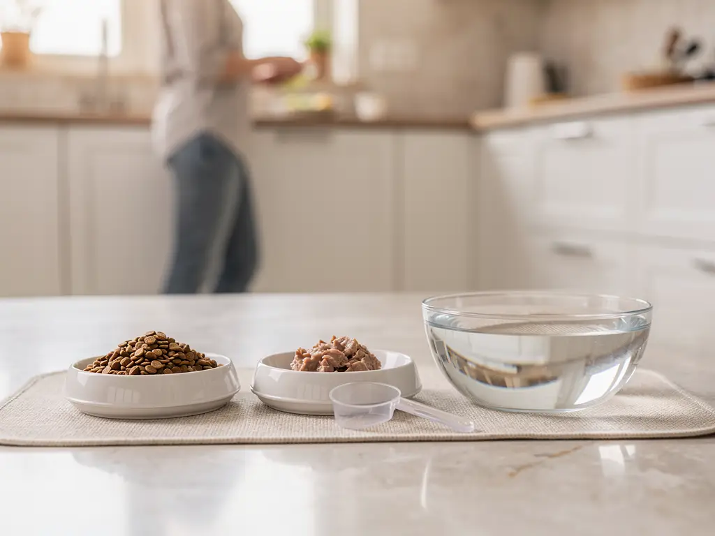 Cat beside bowls of dry and wet food for a cat food comparison guide