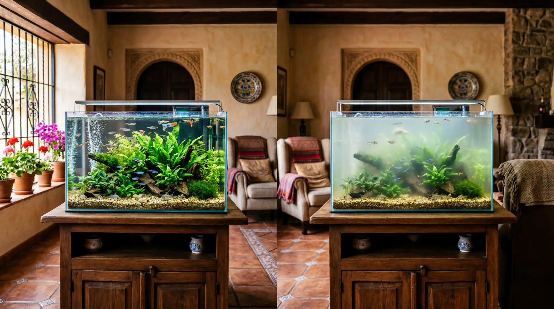 Illustration comparing clearer and cloudier planted aquariums side by side