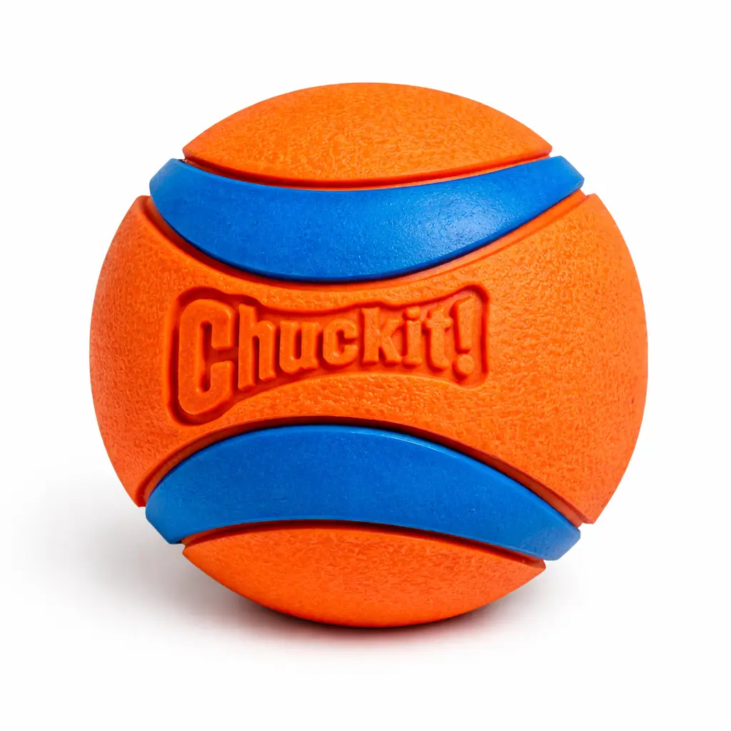 Illustration of an orange and blue fetch ball