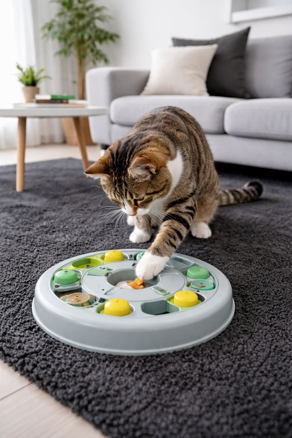 Cat using a puzzle toy