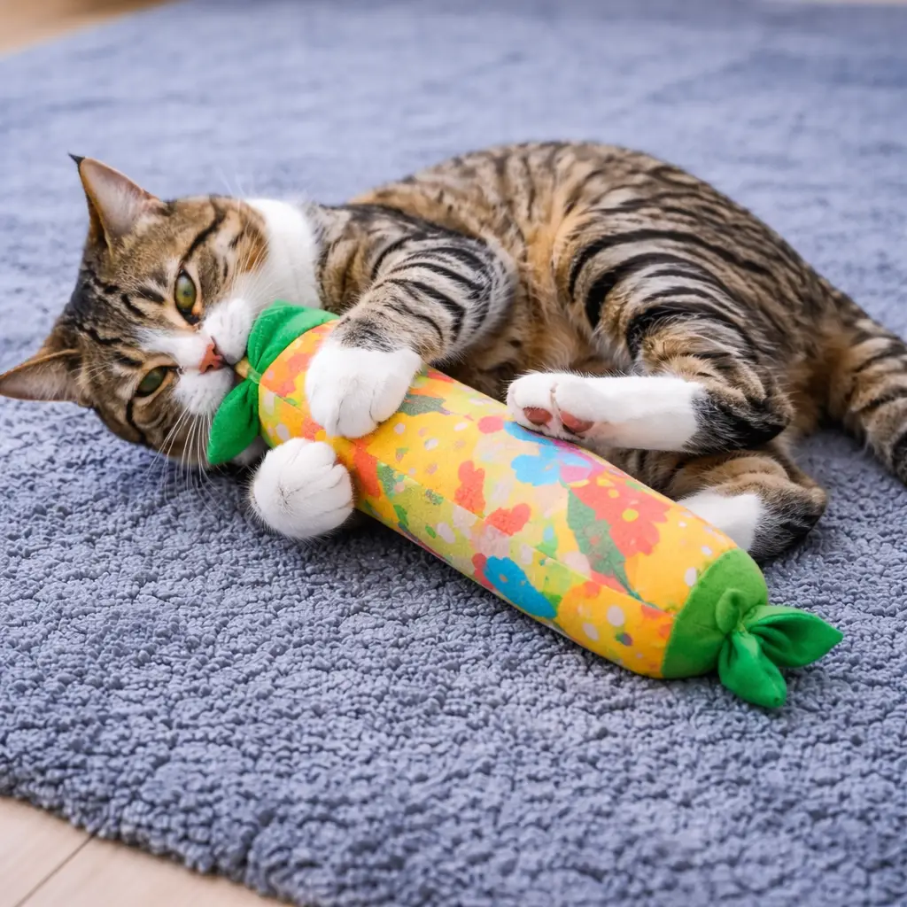 Cat wrestling with a kicker toy
