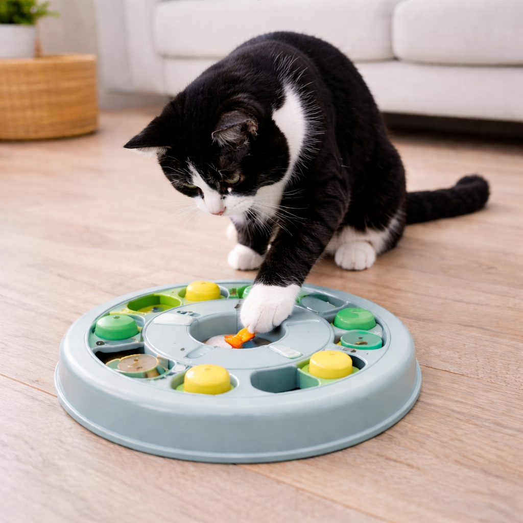 Cat using an interactive toy at home