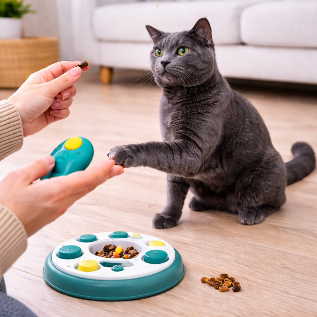 Cat training with a toy reward
