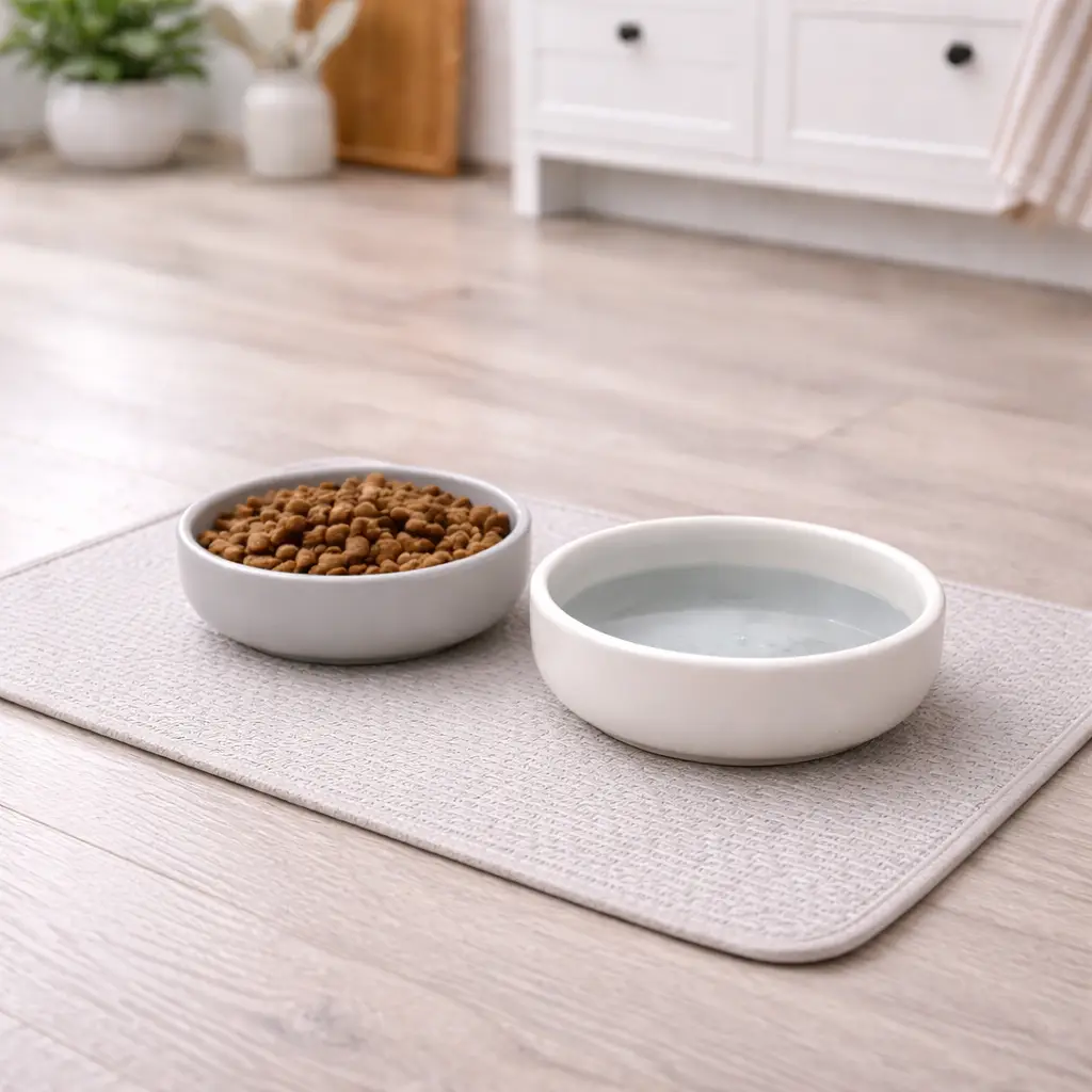 Cat food setup indoors