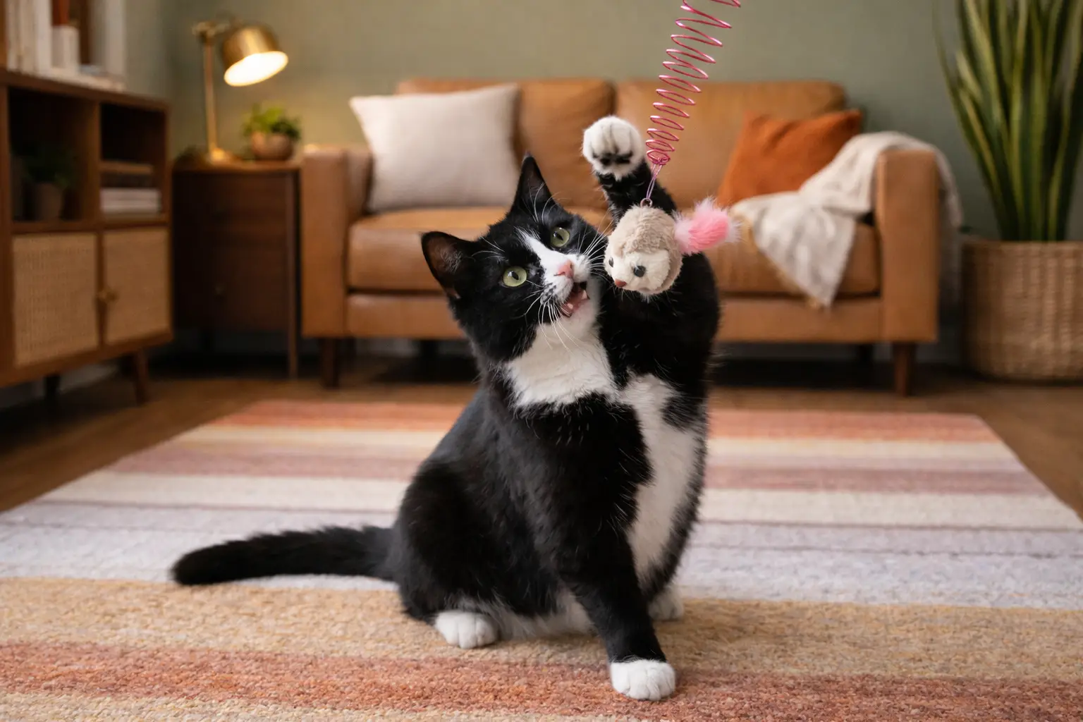 Indoor cat playing with toys for enrichment