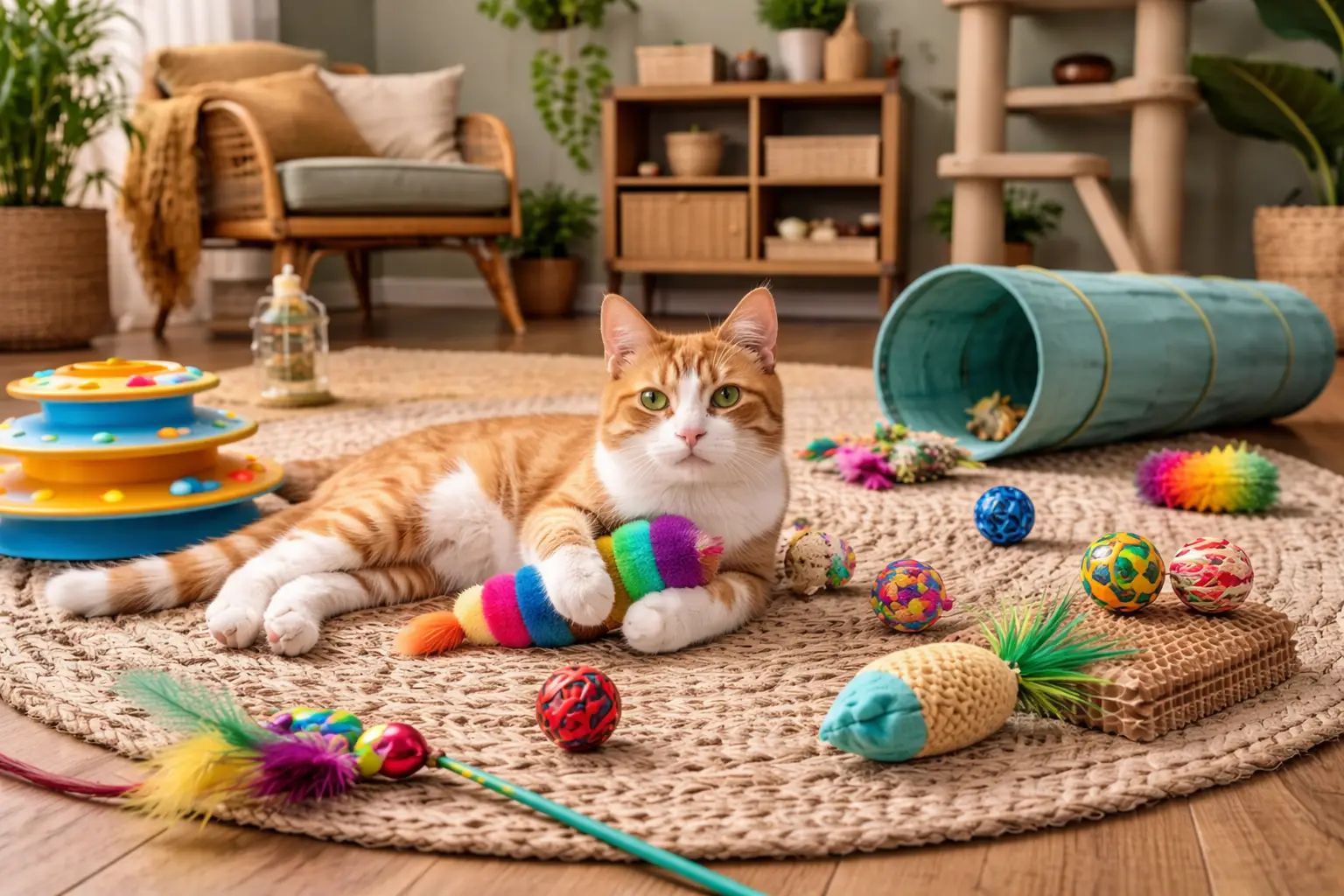 Cat playing with enrichment toys