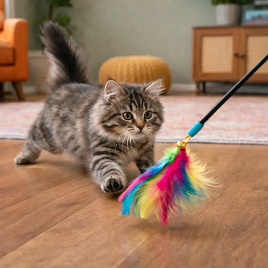 Cat playing with a wand toy