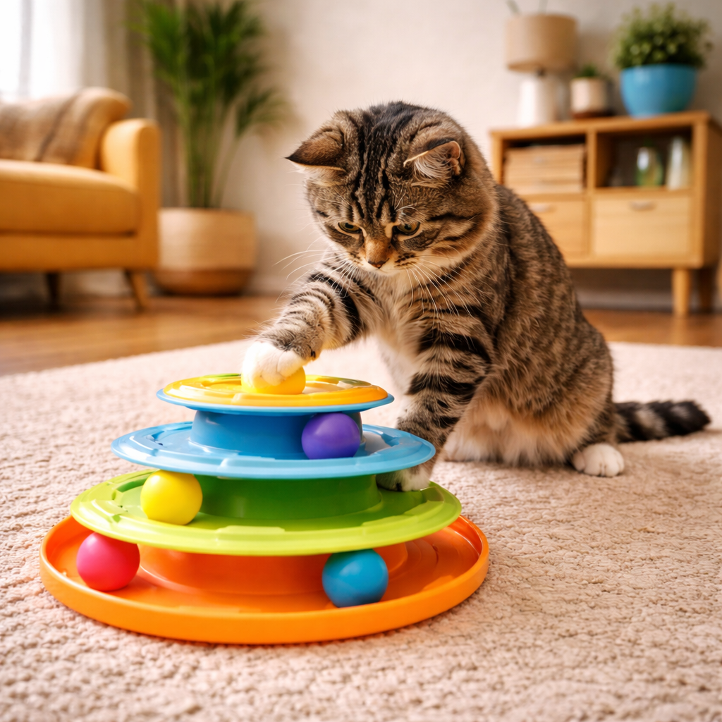 Cat playing with a ball and track toy