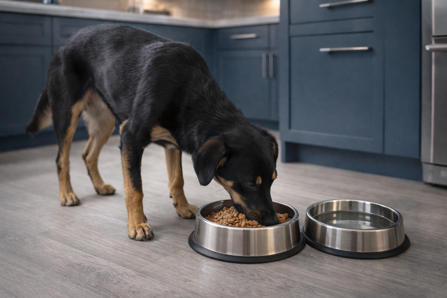Dog eating from a food bowl in a modern kitchen
