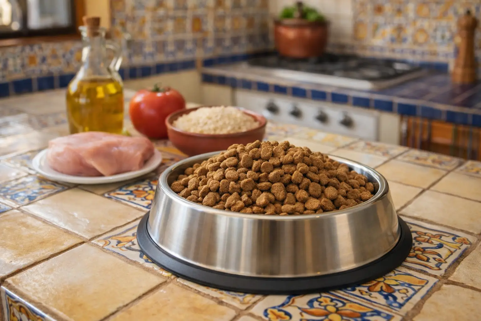 Dog bowl with kibble and simple ingredients nearby