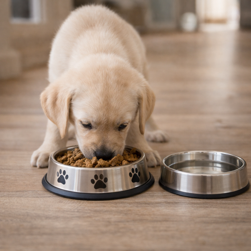 Puppy eating from a bowl