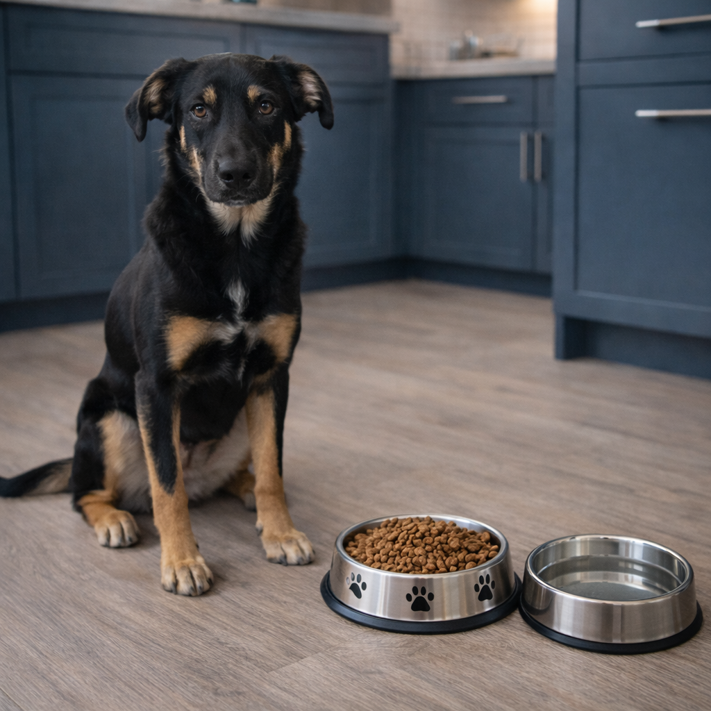 Adult dog beside a food bowl