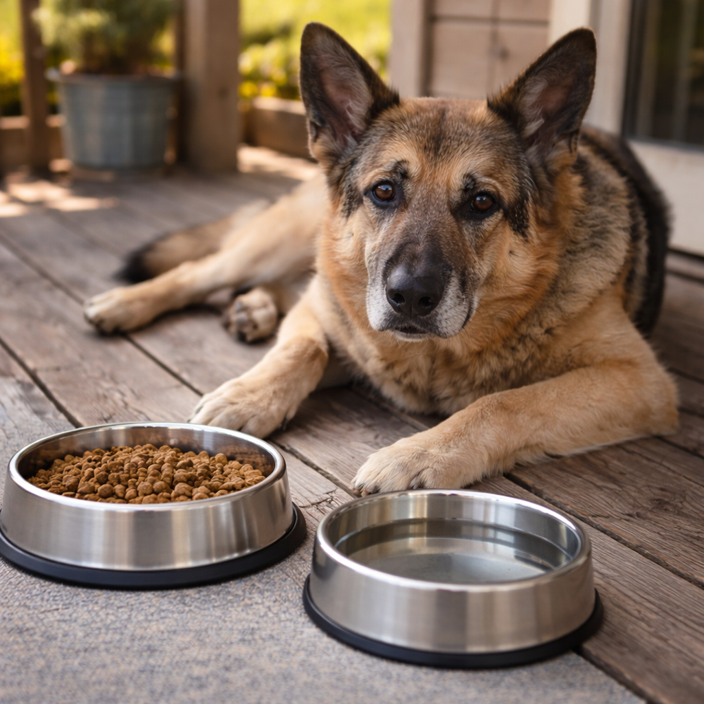 Senior dog resting near a food bowl