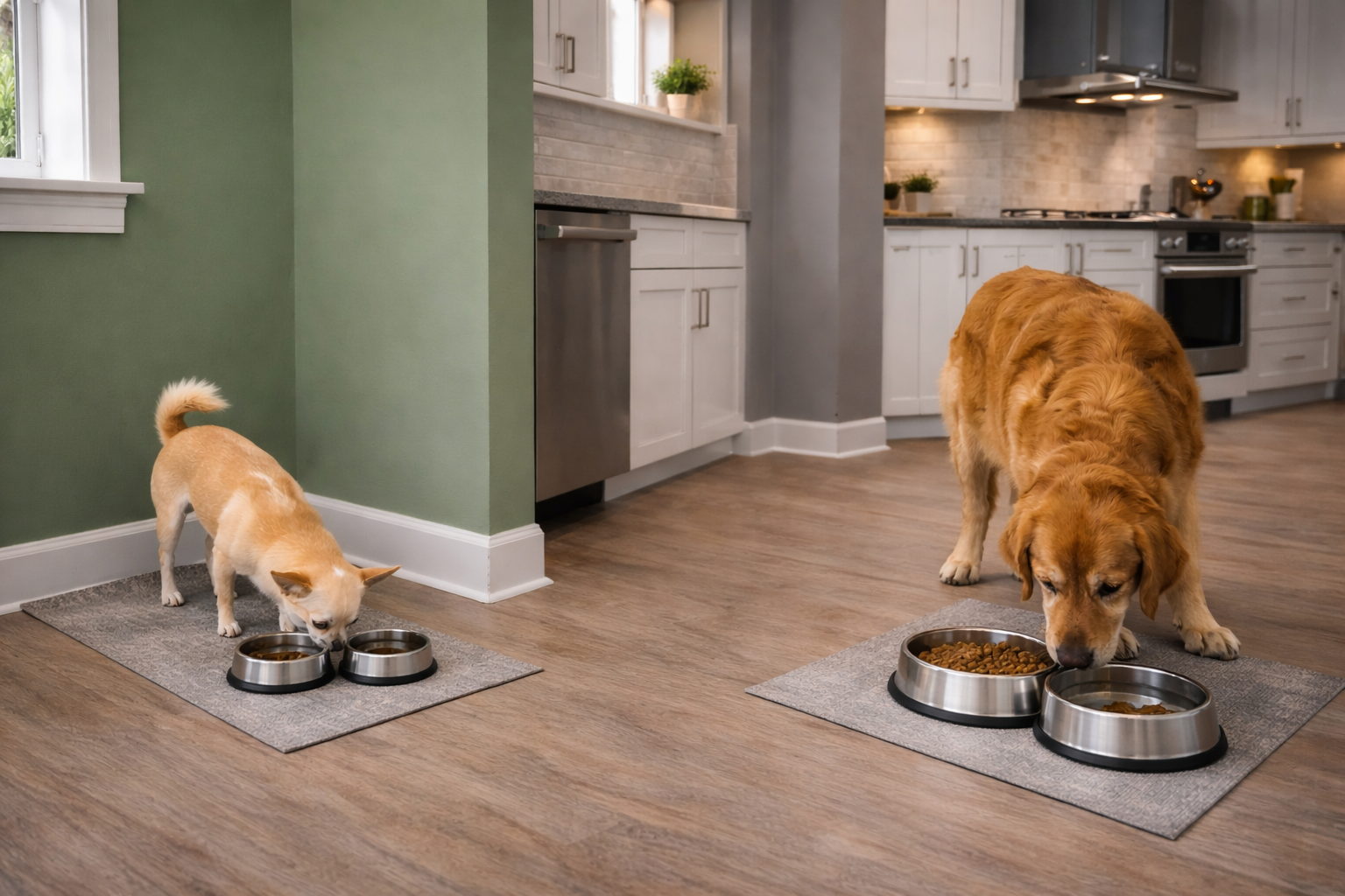 Small dog and large dog with separate food bowls