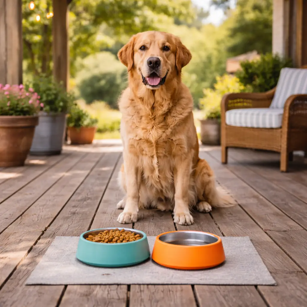 Large breed dog eating from a bowl