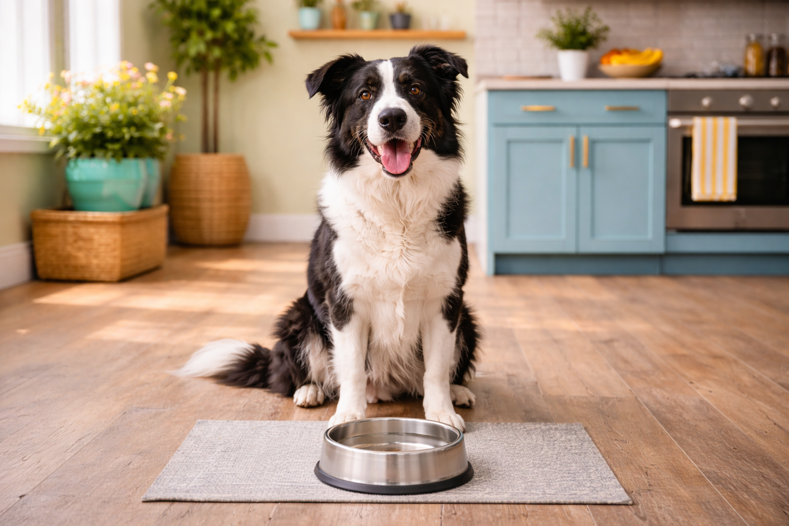 Healthy dog in a bright room with a clean food bowl