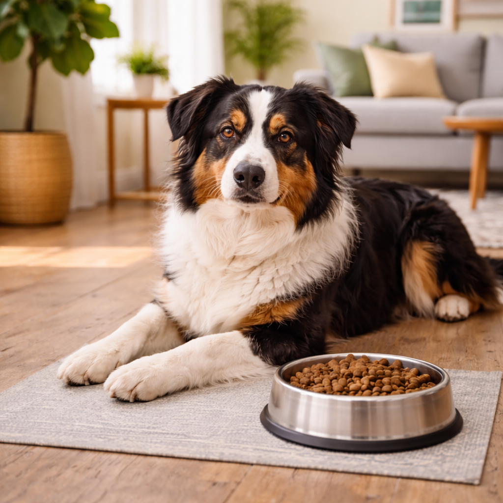 Calm dog beside a simple food bowl