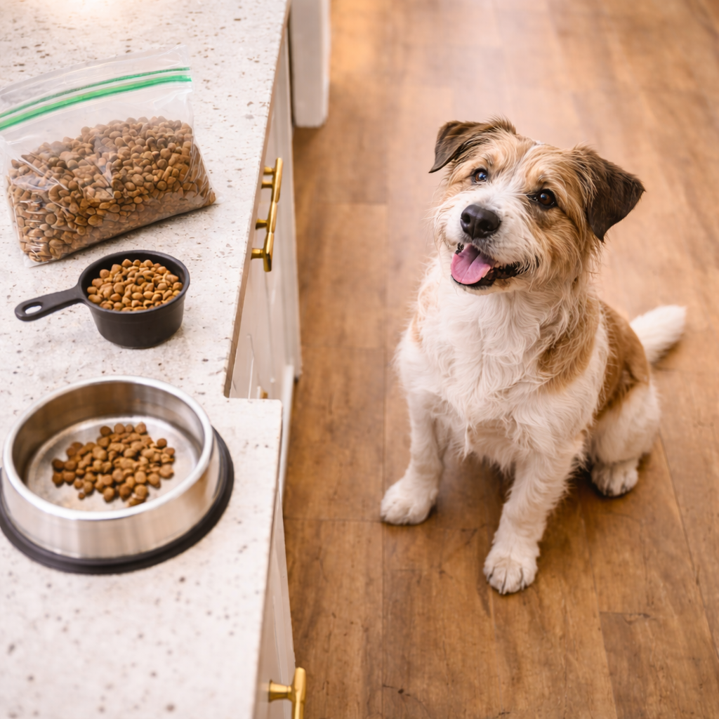 Fit dog beside a measured portion of food