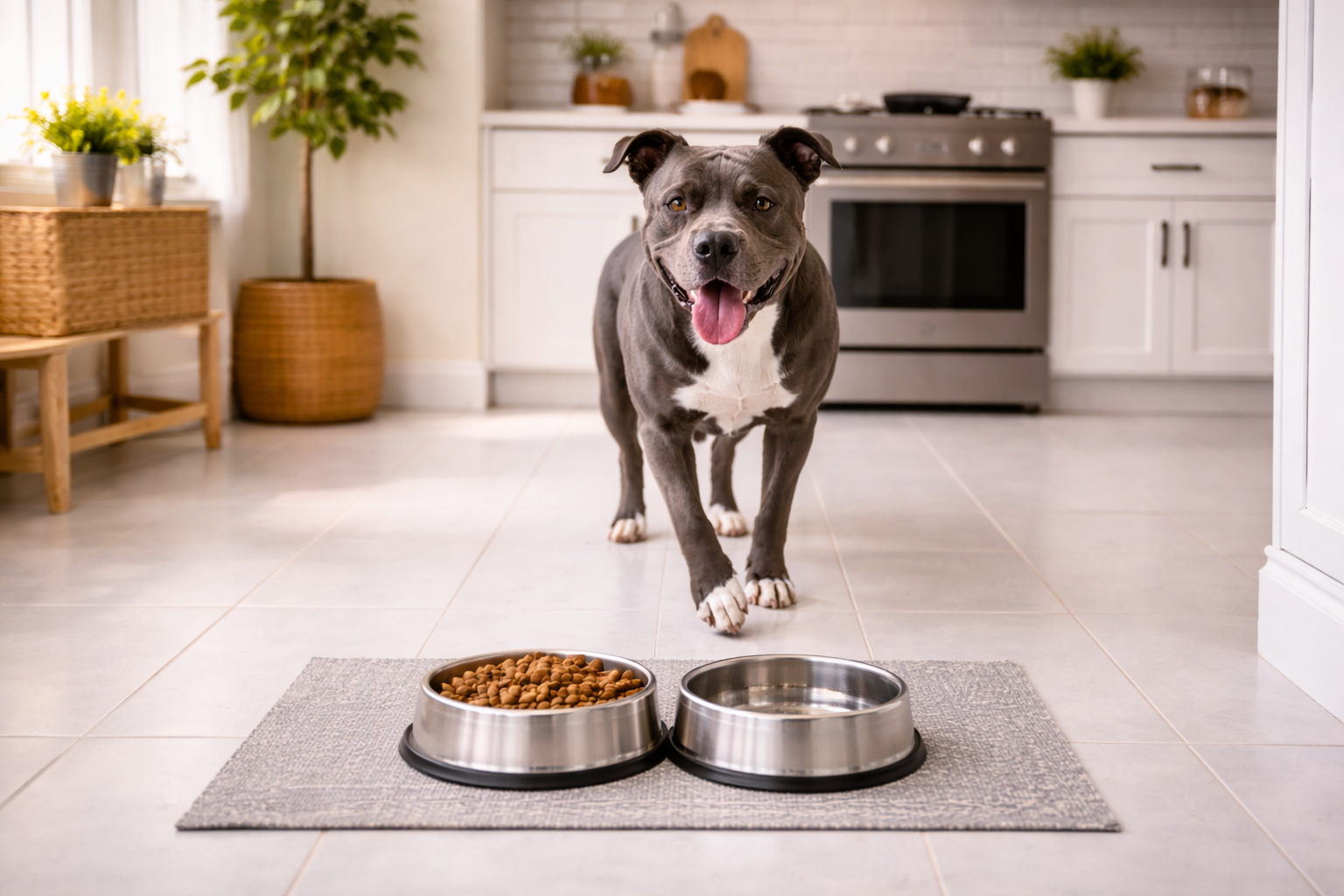 Happy healthy dog near a food bowl in a bright home