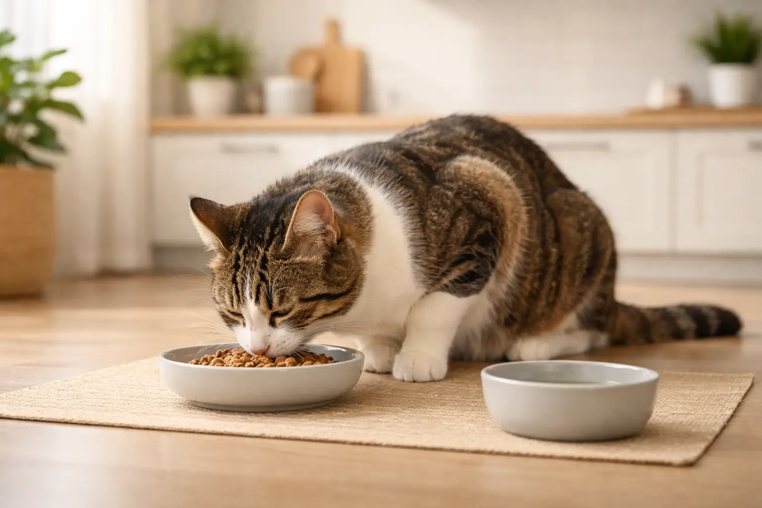 Healthy adult cat eating from a bowl in a modern kitchen
