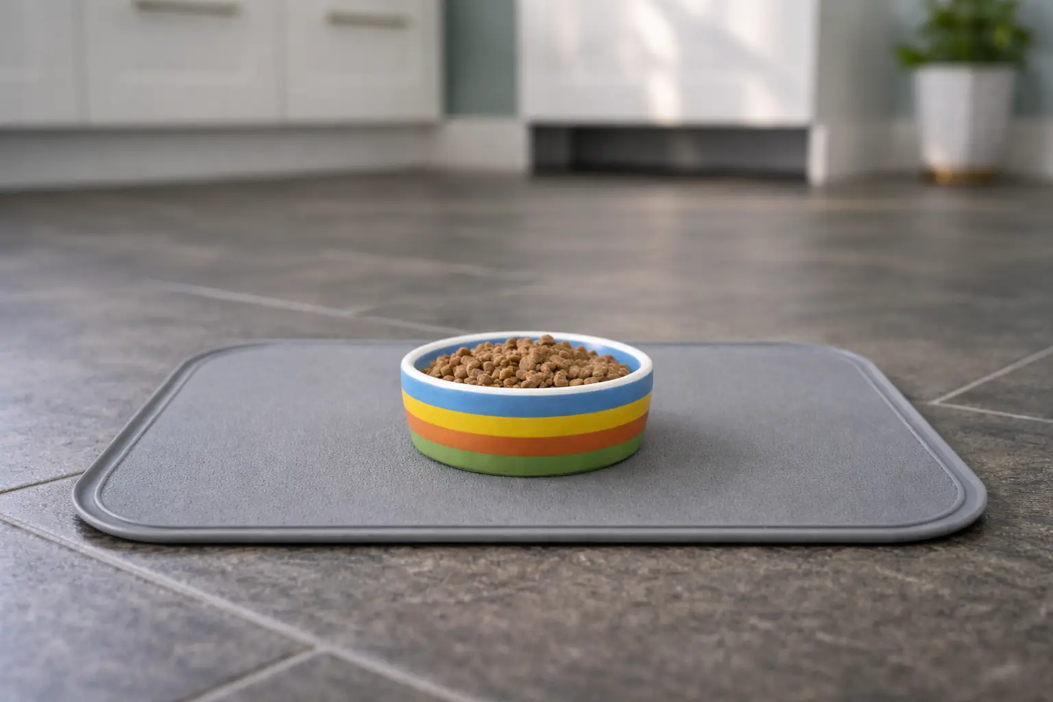 Small bowl of dry kitten kibble for young cat growth feeding