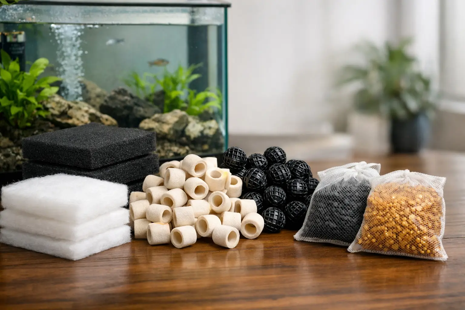 Illustration of aquarium media including white rings, black pieces and bags