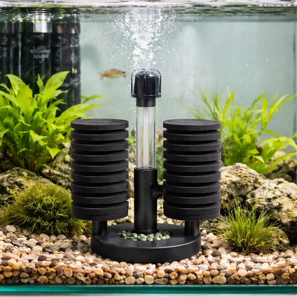 Illustration of a double sponge filter with tubing inside an aquarium