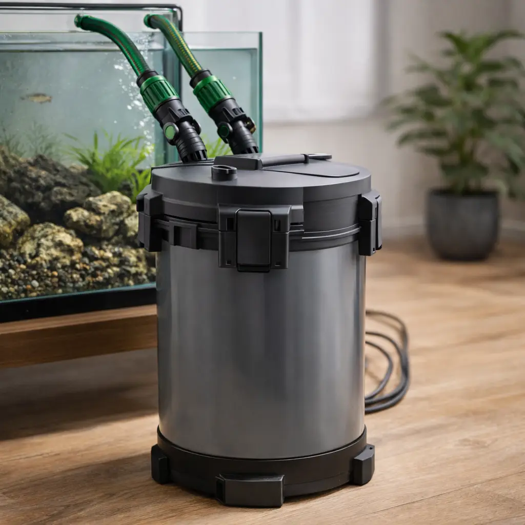Illustration of an external canister filter with hoses beside an aquarium