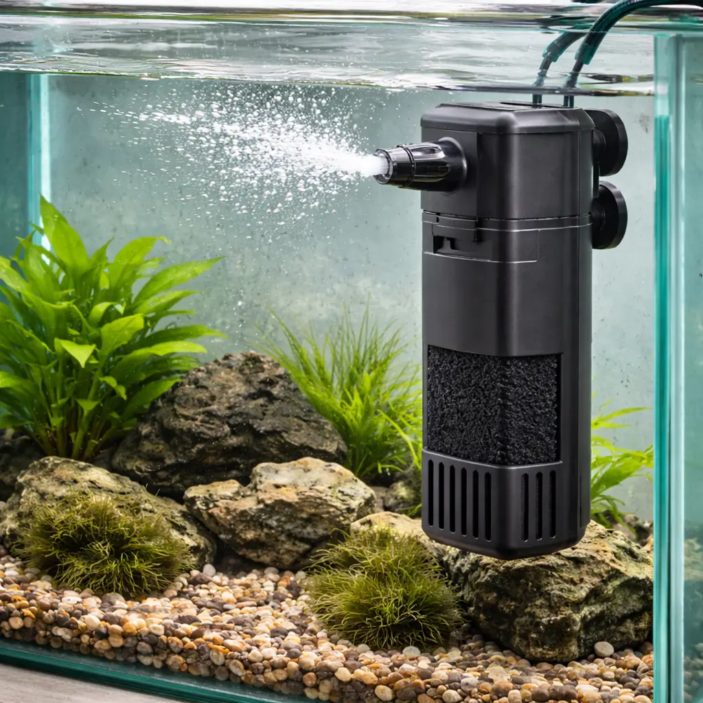 Illustration of a black internal filter mounted beside aquarium plants