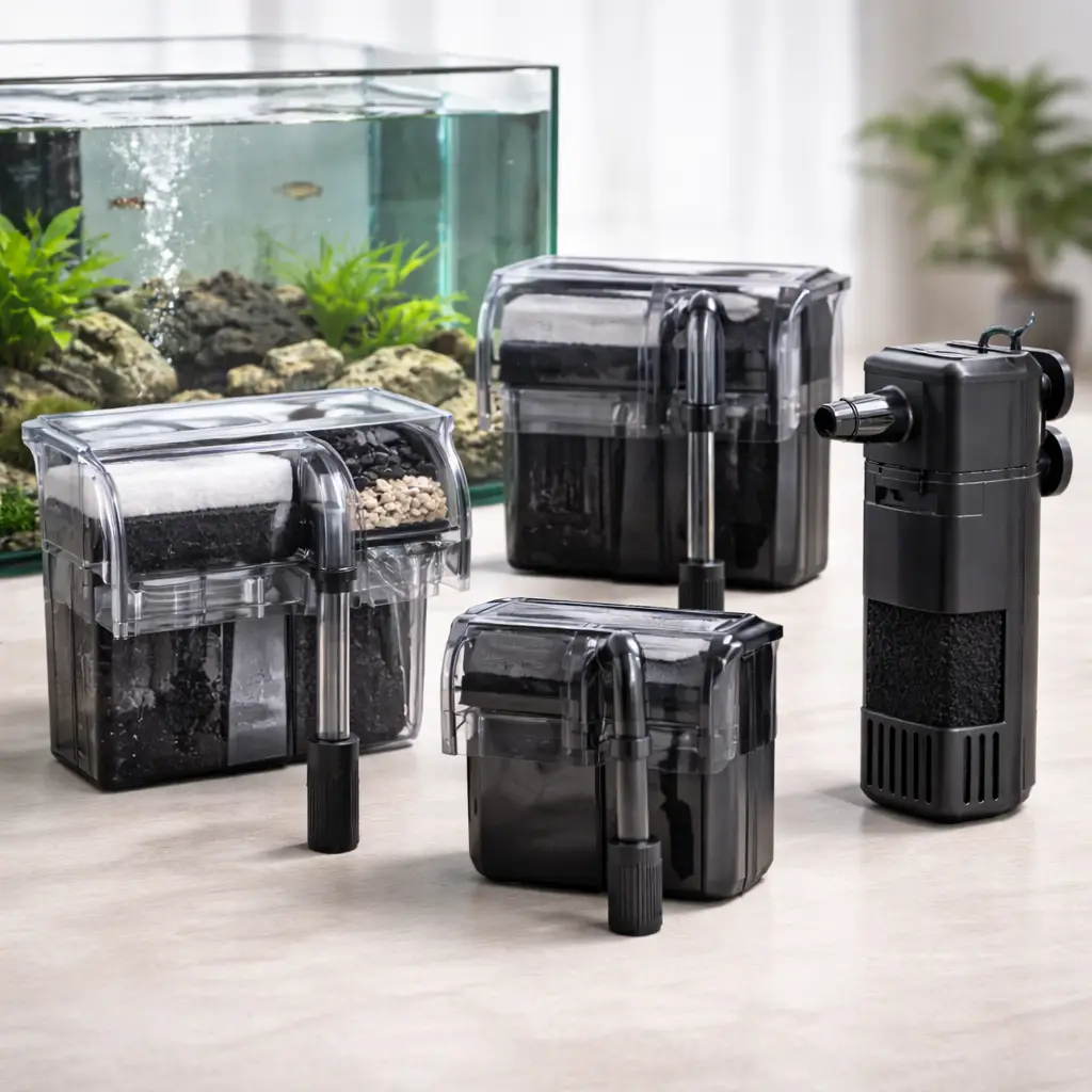 Illustration of several black aquarium filter housings beside a tank