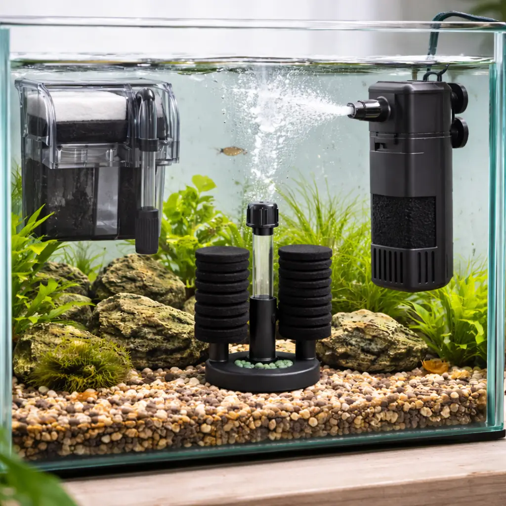 Illustration of hang-on-back, sponge and internal filters inside an aquarium