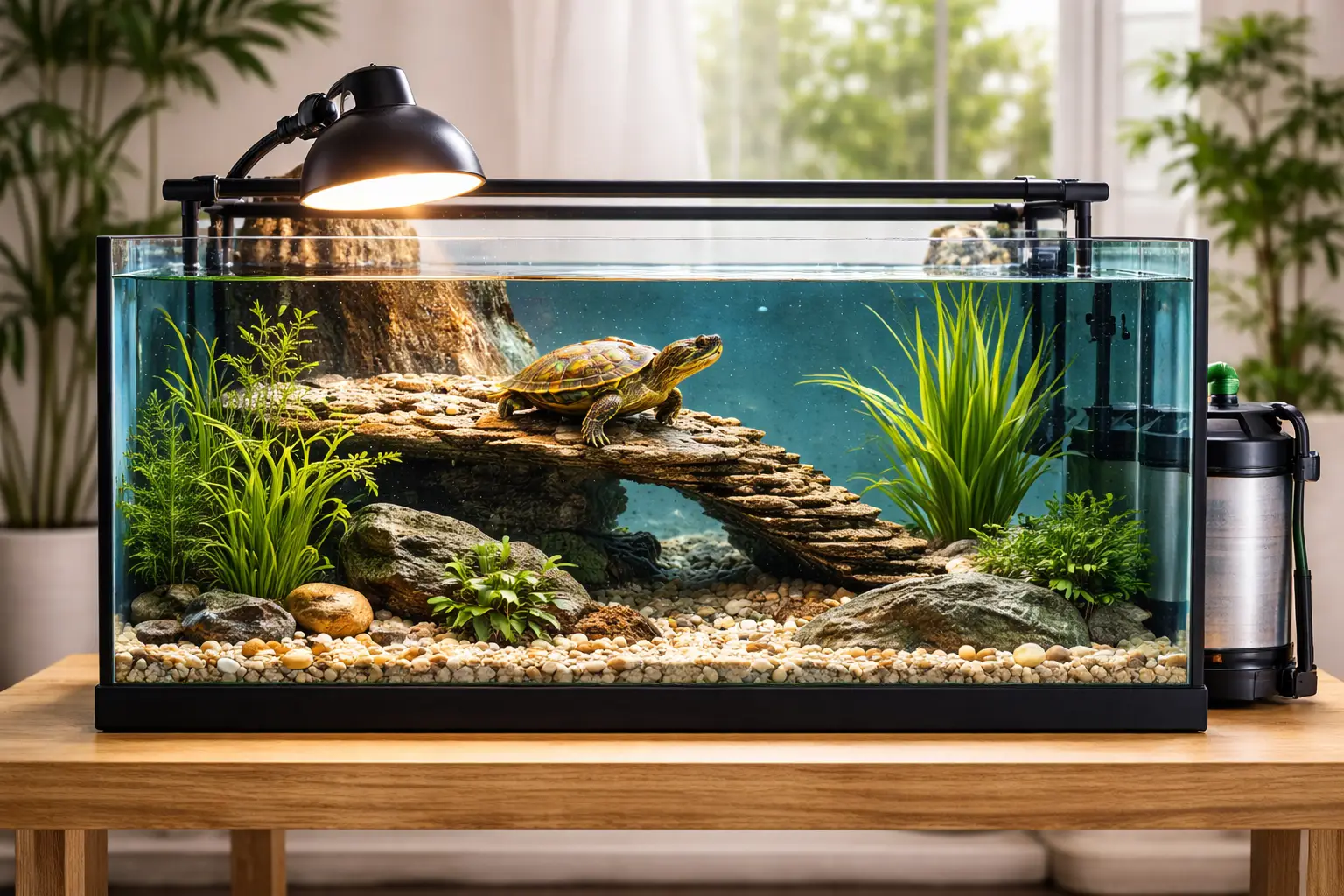Illustration of an aquatic turtle enclosure with a basking area and external filter