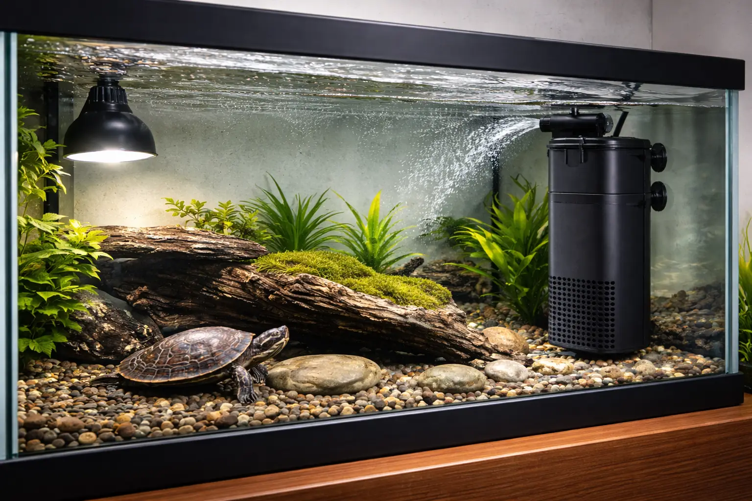 Internal filter inside an aquatic turtle tank