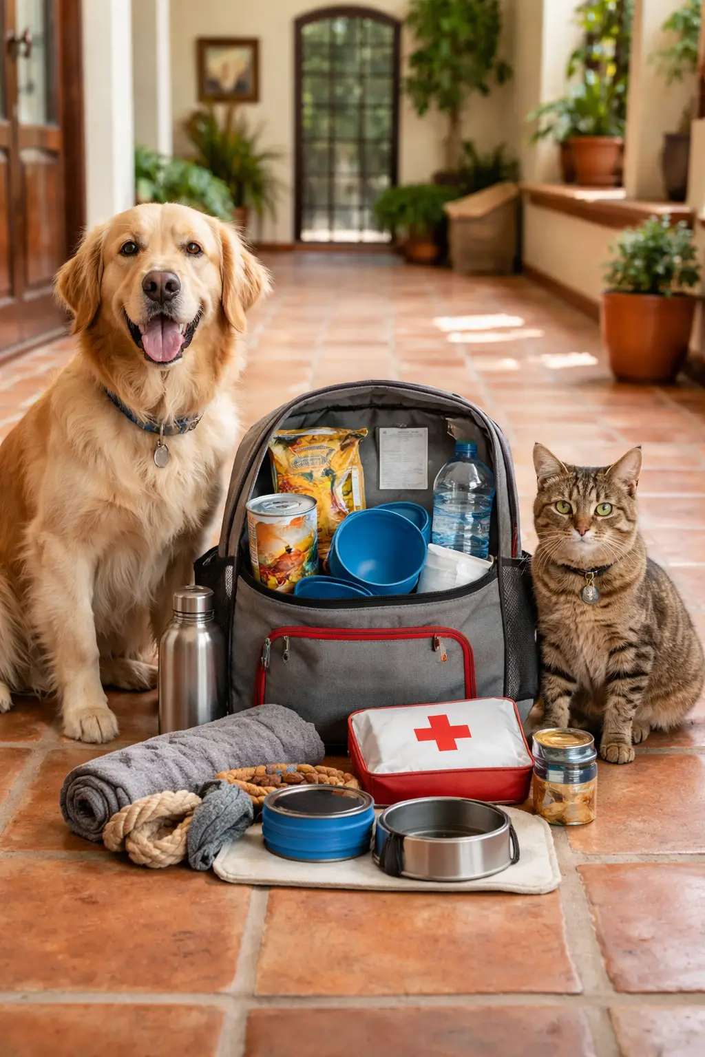 Dog and cat near a neatly packed pet emergency kit in a calm home setting