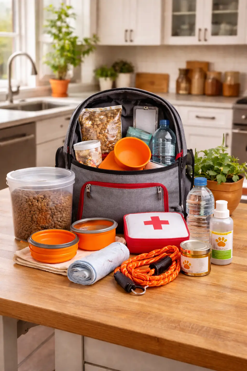 Pet emergency go-bag with bowls, leash, food containers, and first aid items
