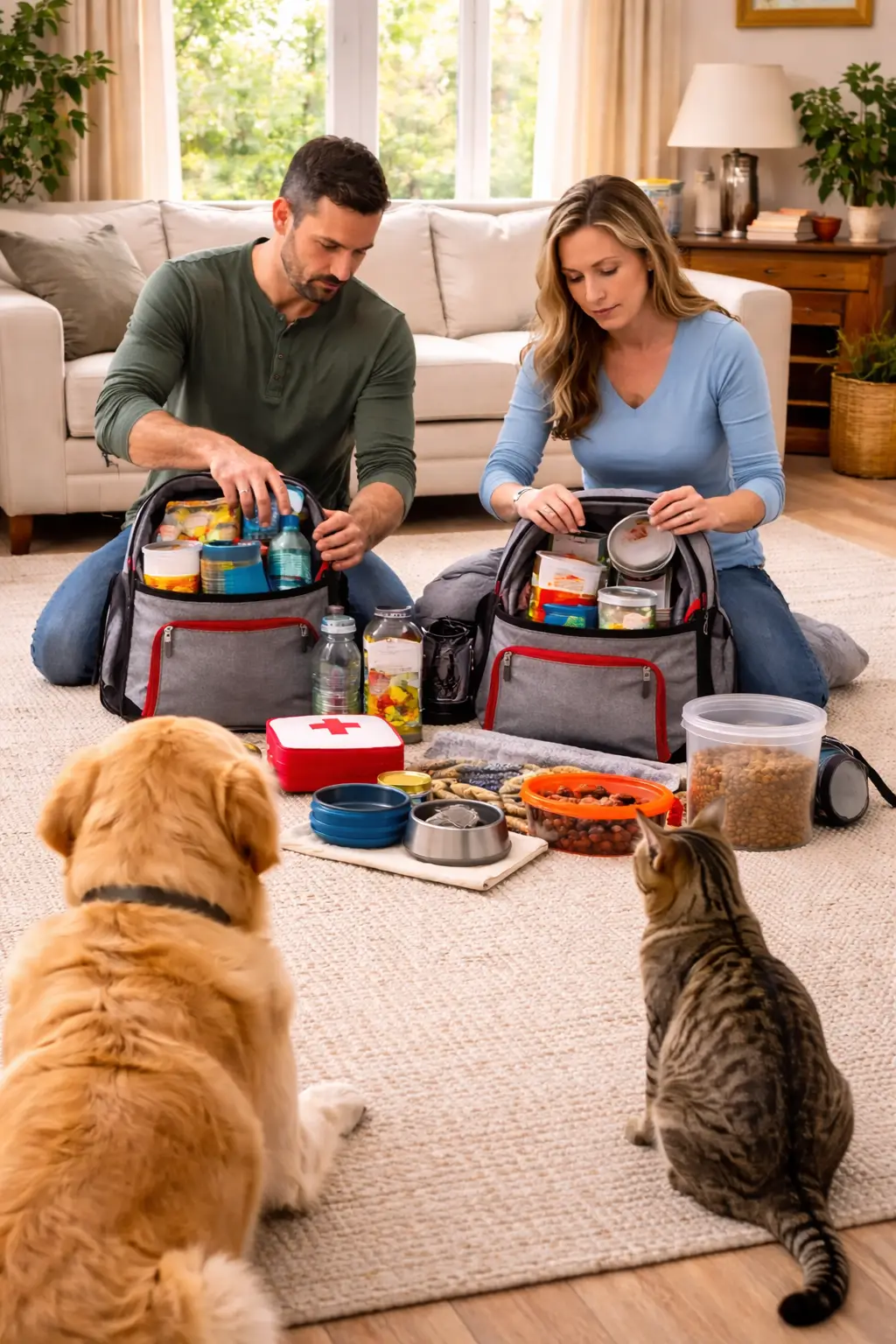 Neatly organized pet backup supplies stored at home