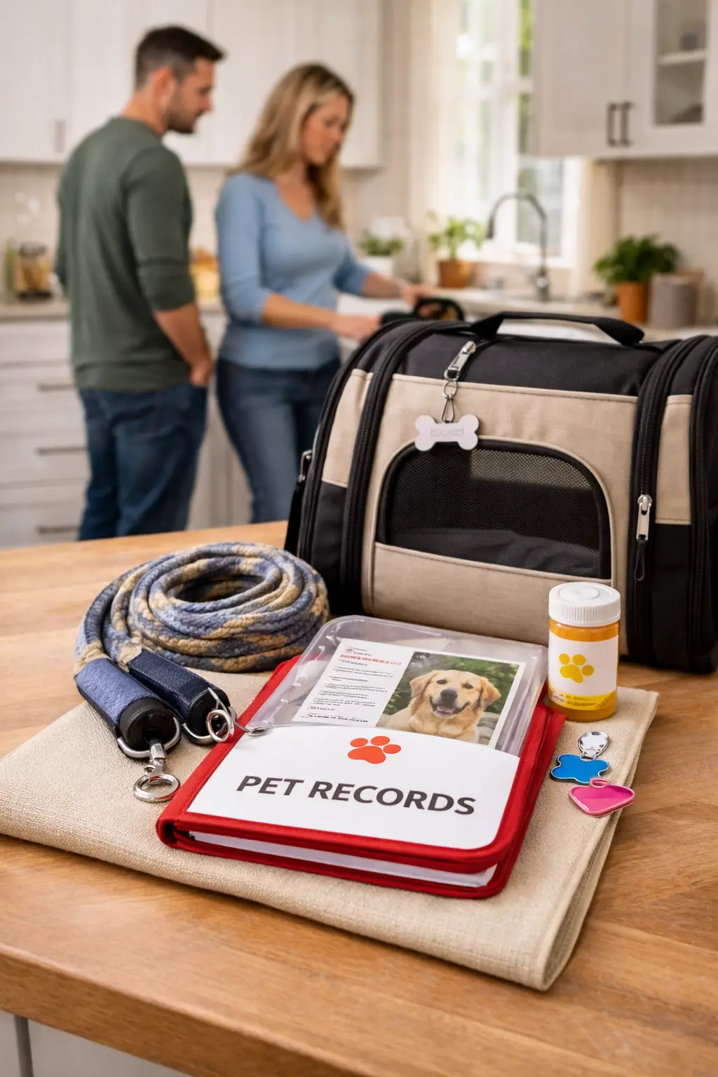 Pet records folder, ID tags, leash, and carrier arranged neatly
