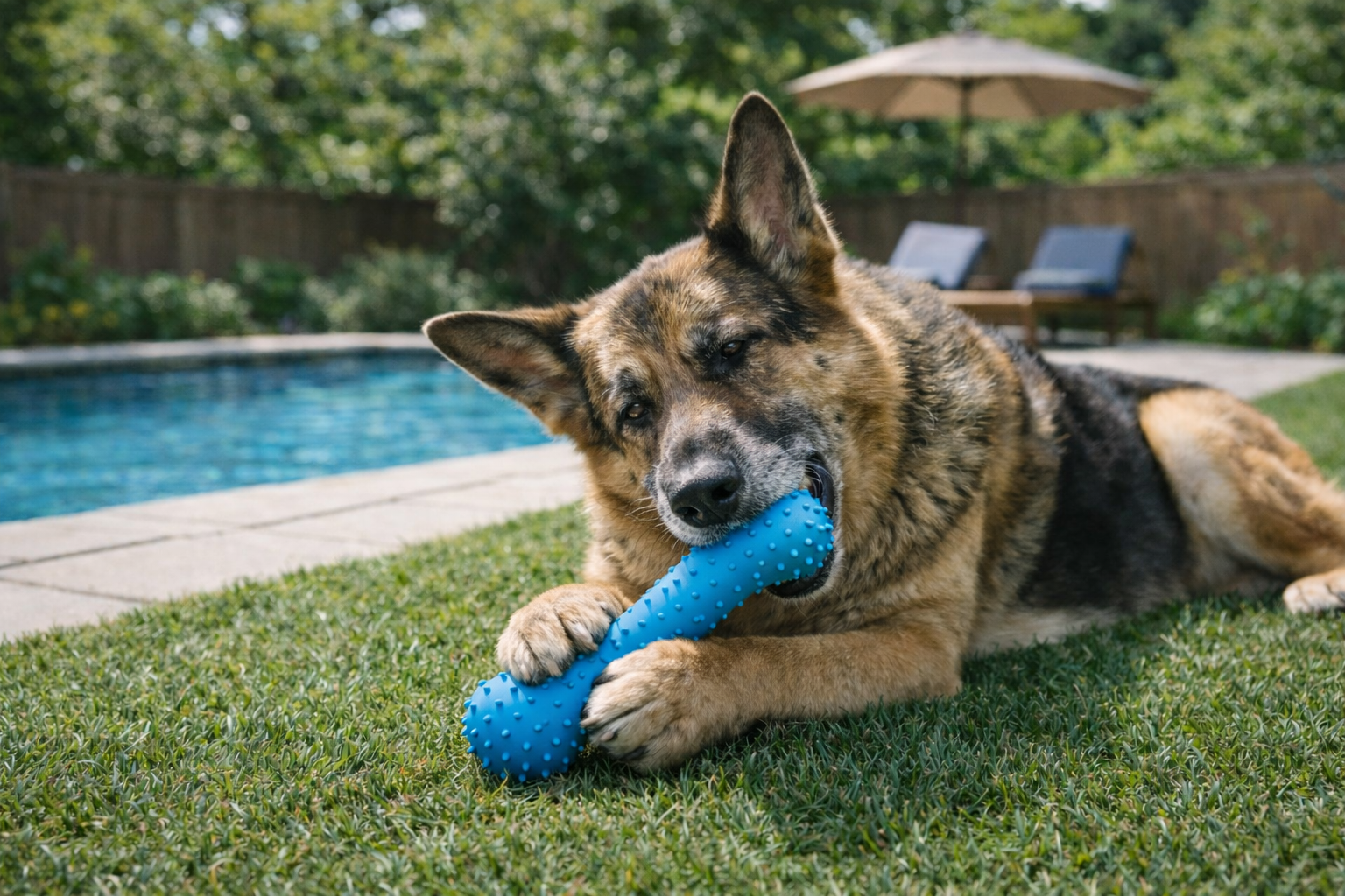 Senior dog playing gently with a toy