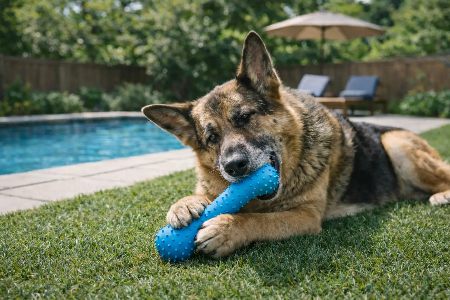 Senior dog playing gently with a soft toy