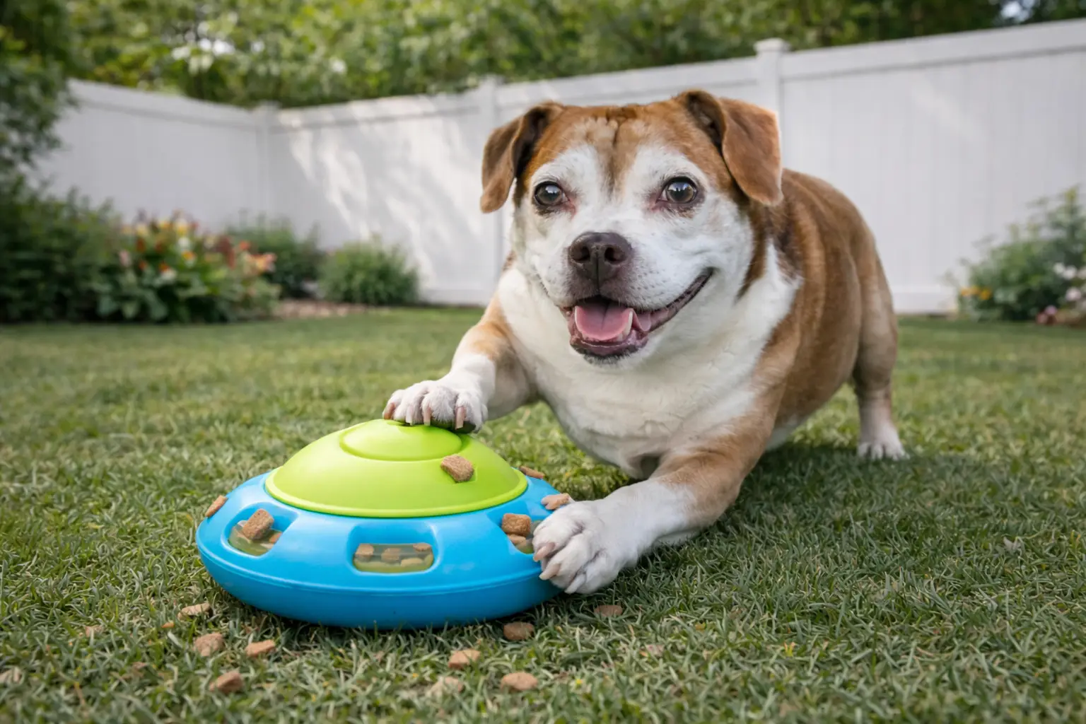 Dog using an interactive treat toy at home