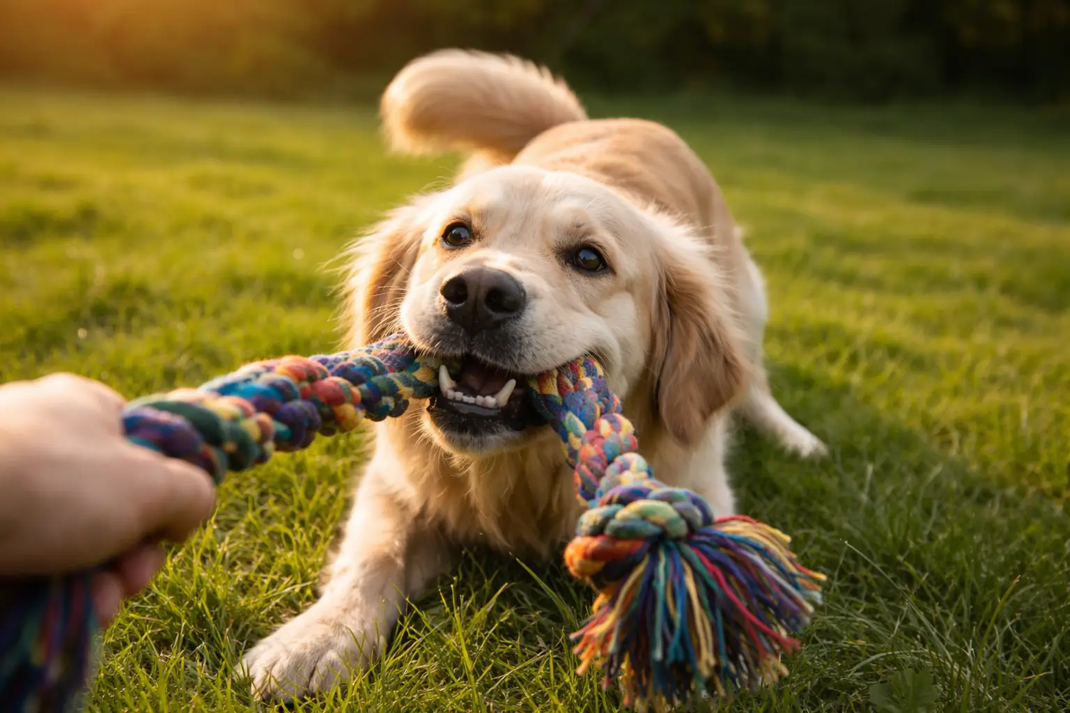Dog playing tug with a rope toy