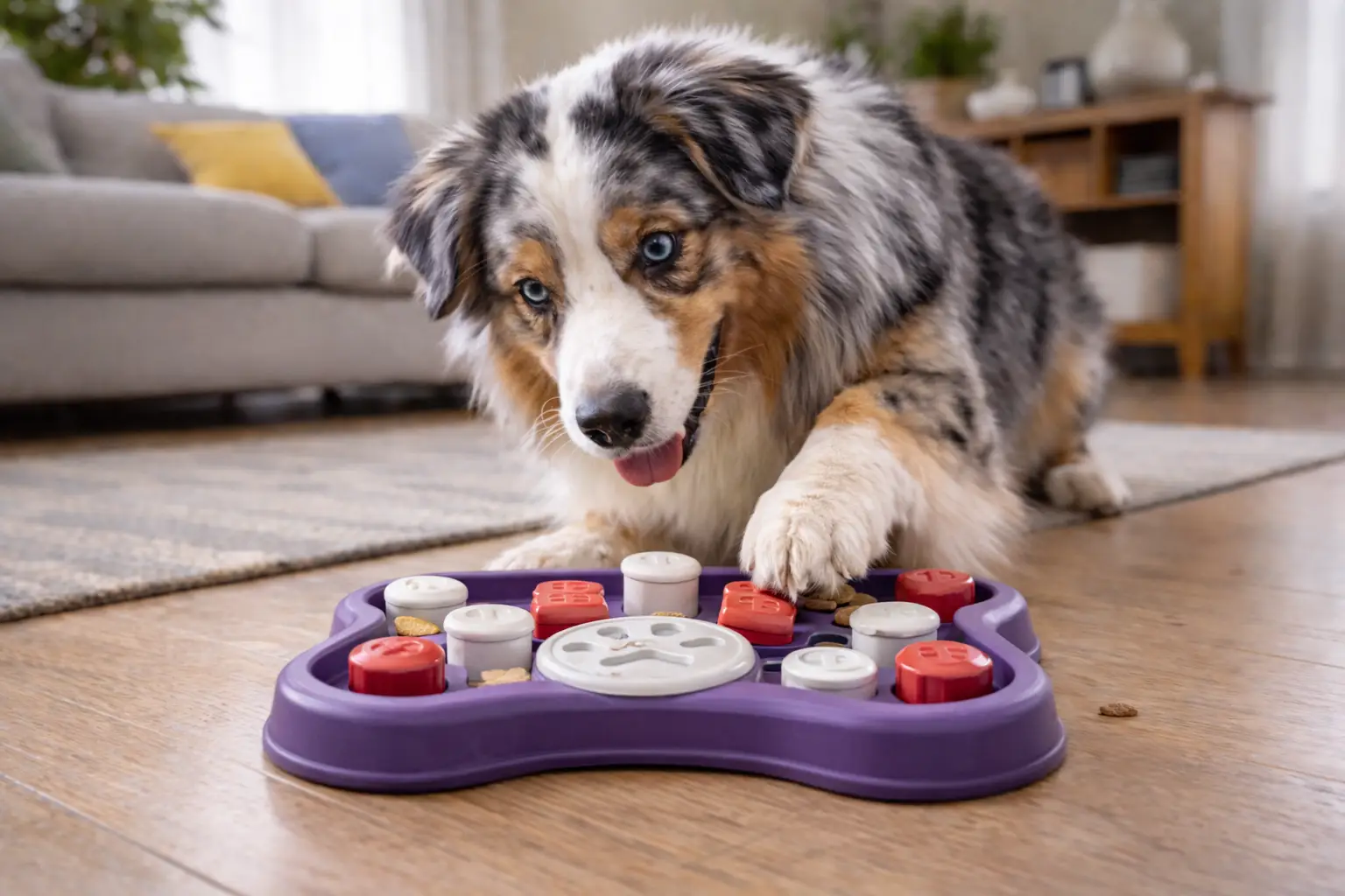 Dog solving a treat puzzle toy