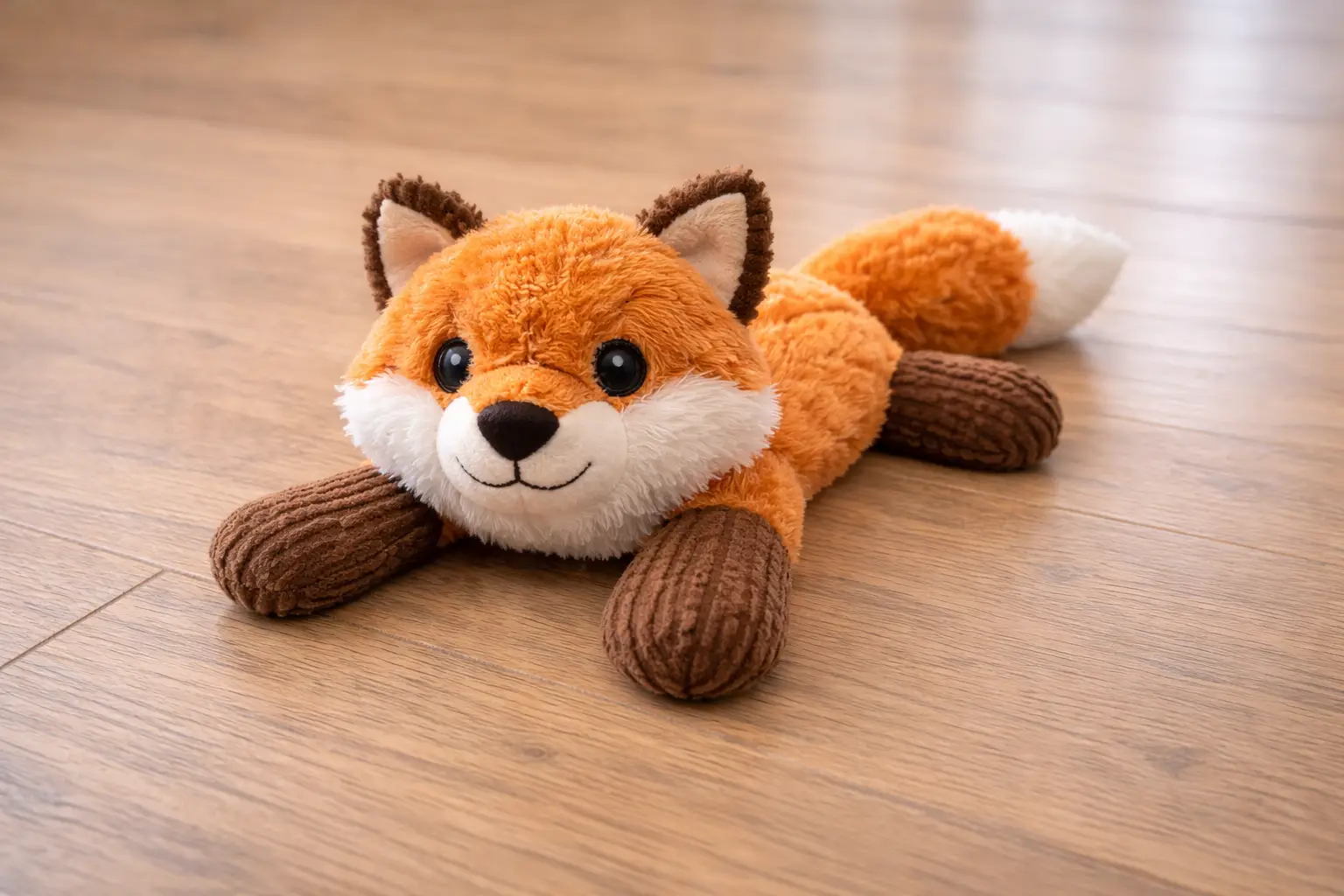 Dog resting with a plush toy