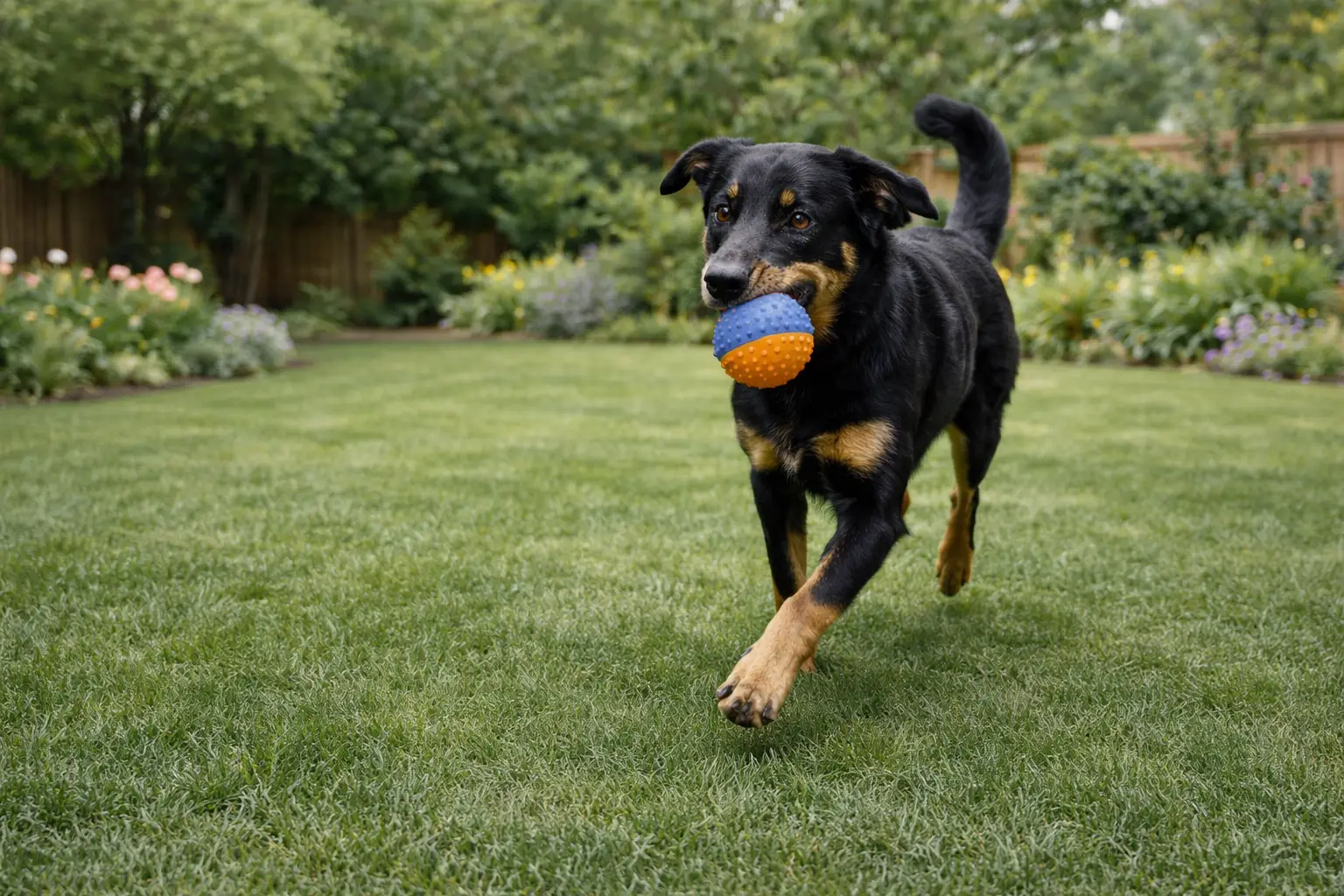 Dog playing fetch outside with a toy