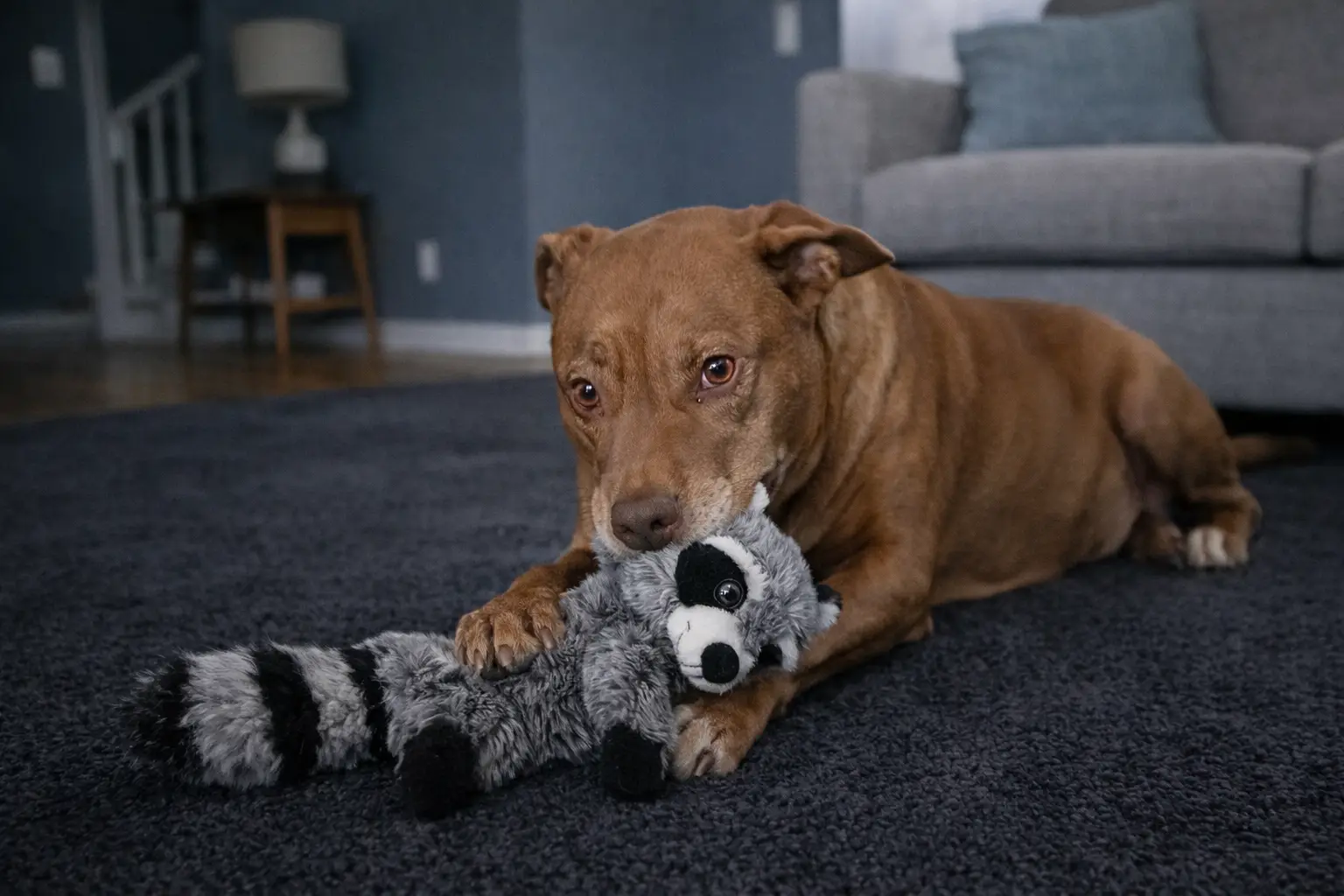 Dog lying down with a plush toy