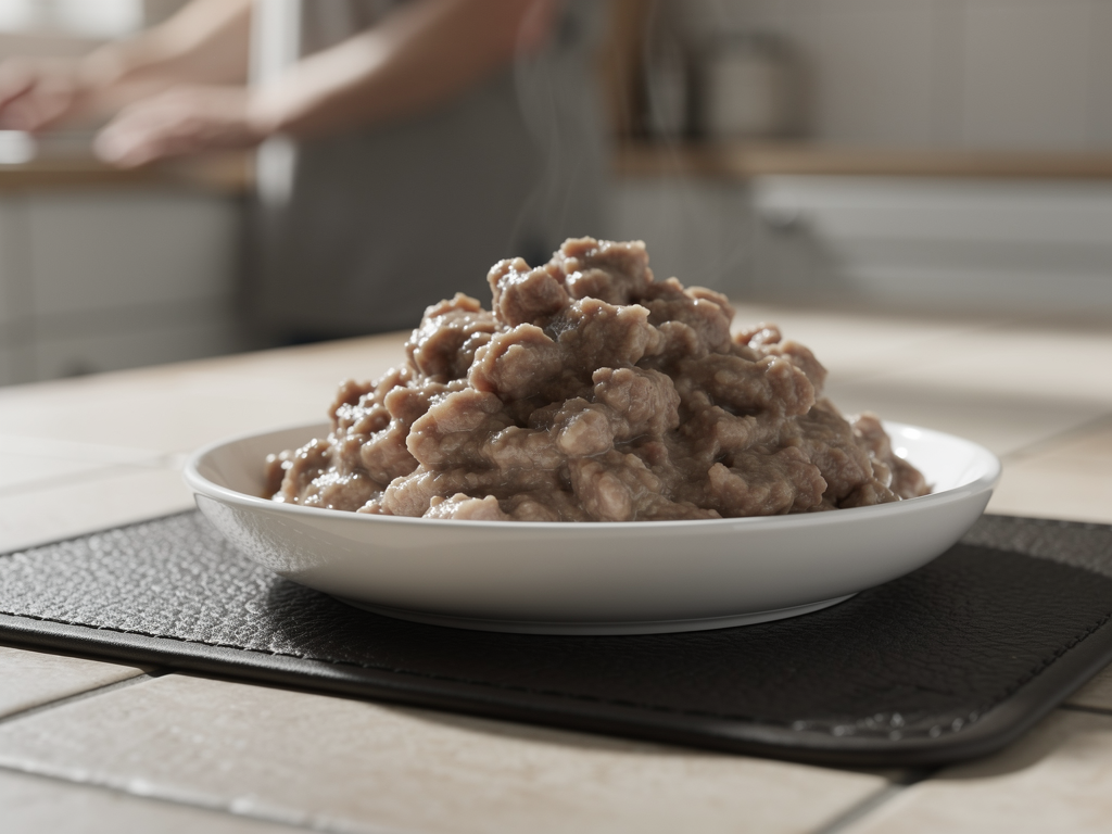 Wet senior cat food in small bowl